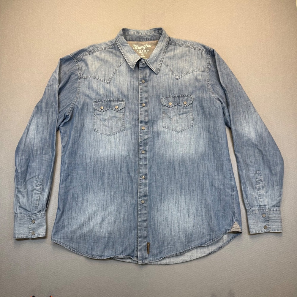 Wrangler Retro Premium Mens XXL Light Wash Blue‎ Western Snap Shirt MVR393D